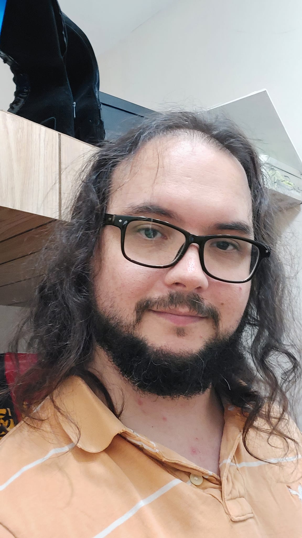 A man with long dark hair and a beard stands in a well lit room, photo 4